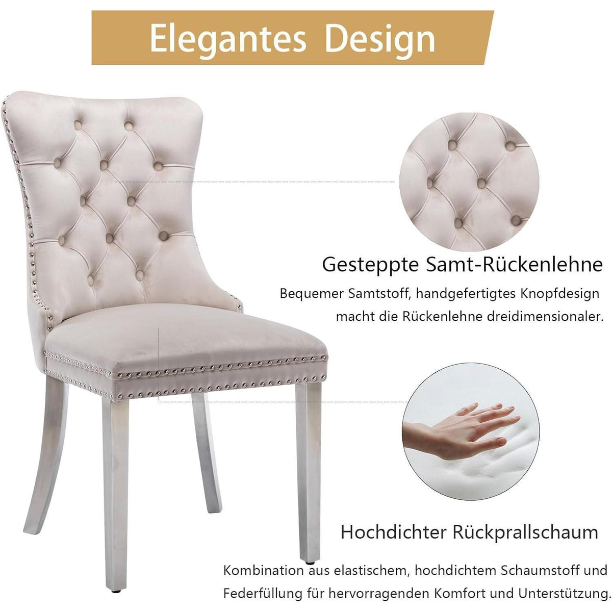 Gepolsterte Esszimmerstühle 2er-Set, Beige mit Edelstahlbeinen