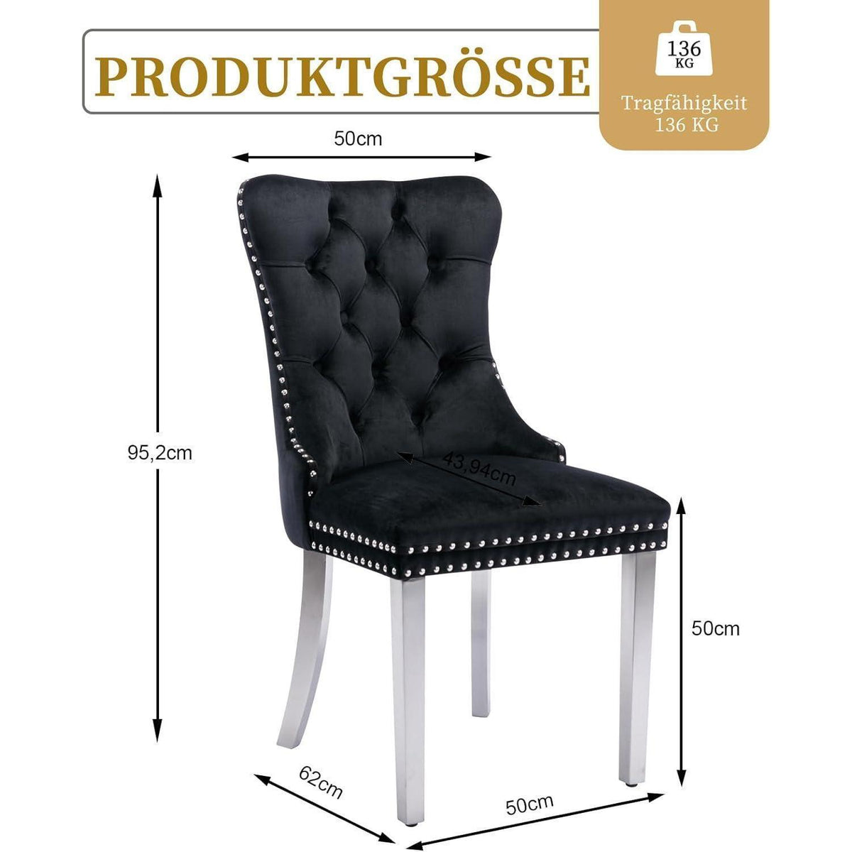 8x Samt Esszimmerstühle mit Edelstahlbeinen Schwarz