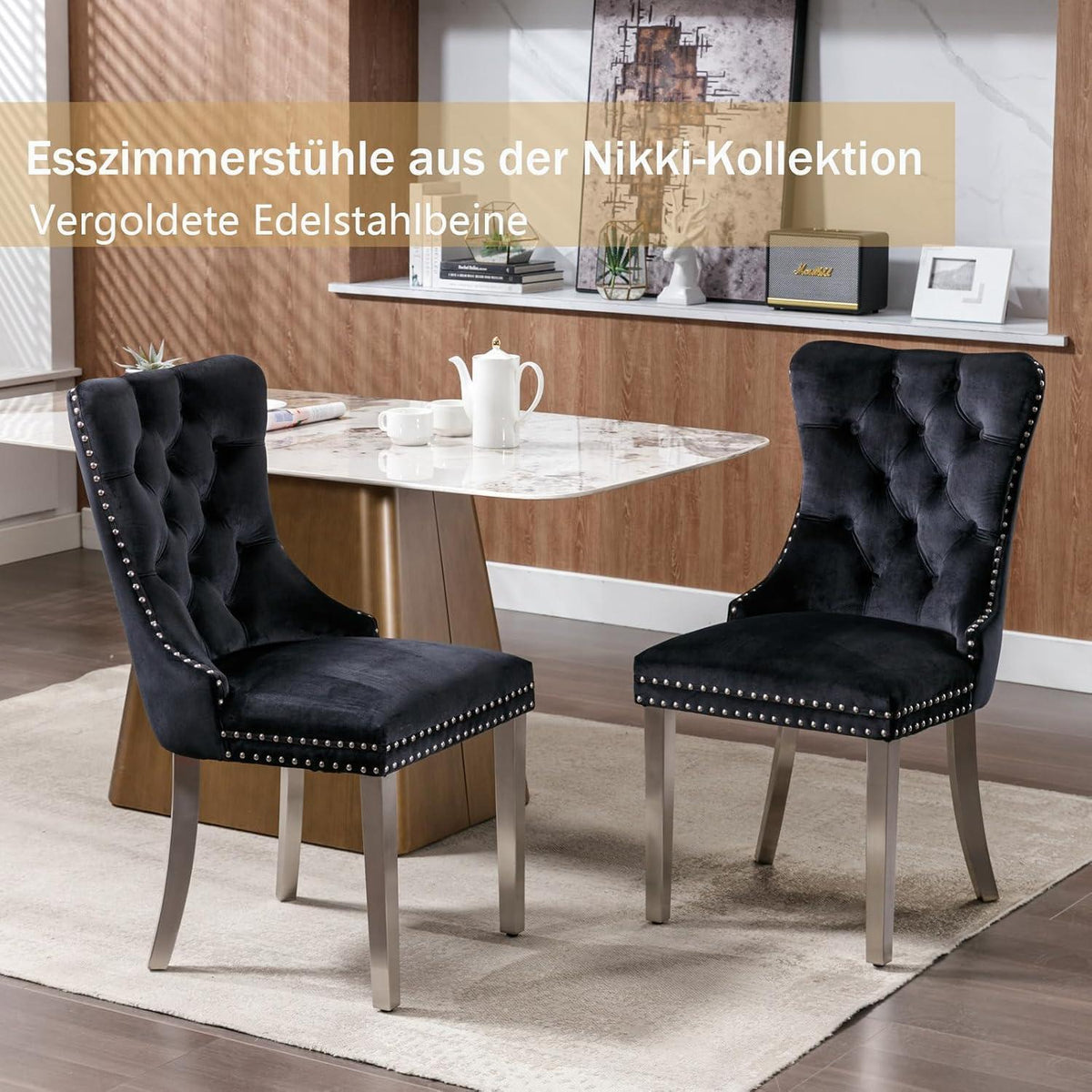 8x Samt Esszimmerstühle mit Edelstahlbeinen Schwarz