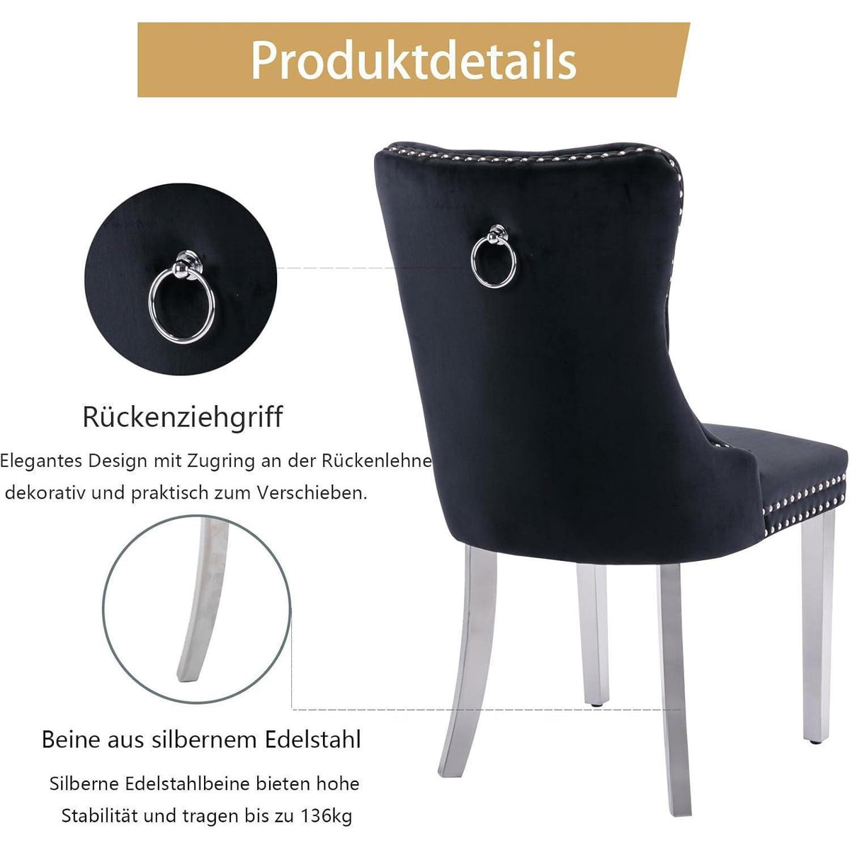 8x Samt Esszimmerstühle mit Edelstahlbeinen Schwarz