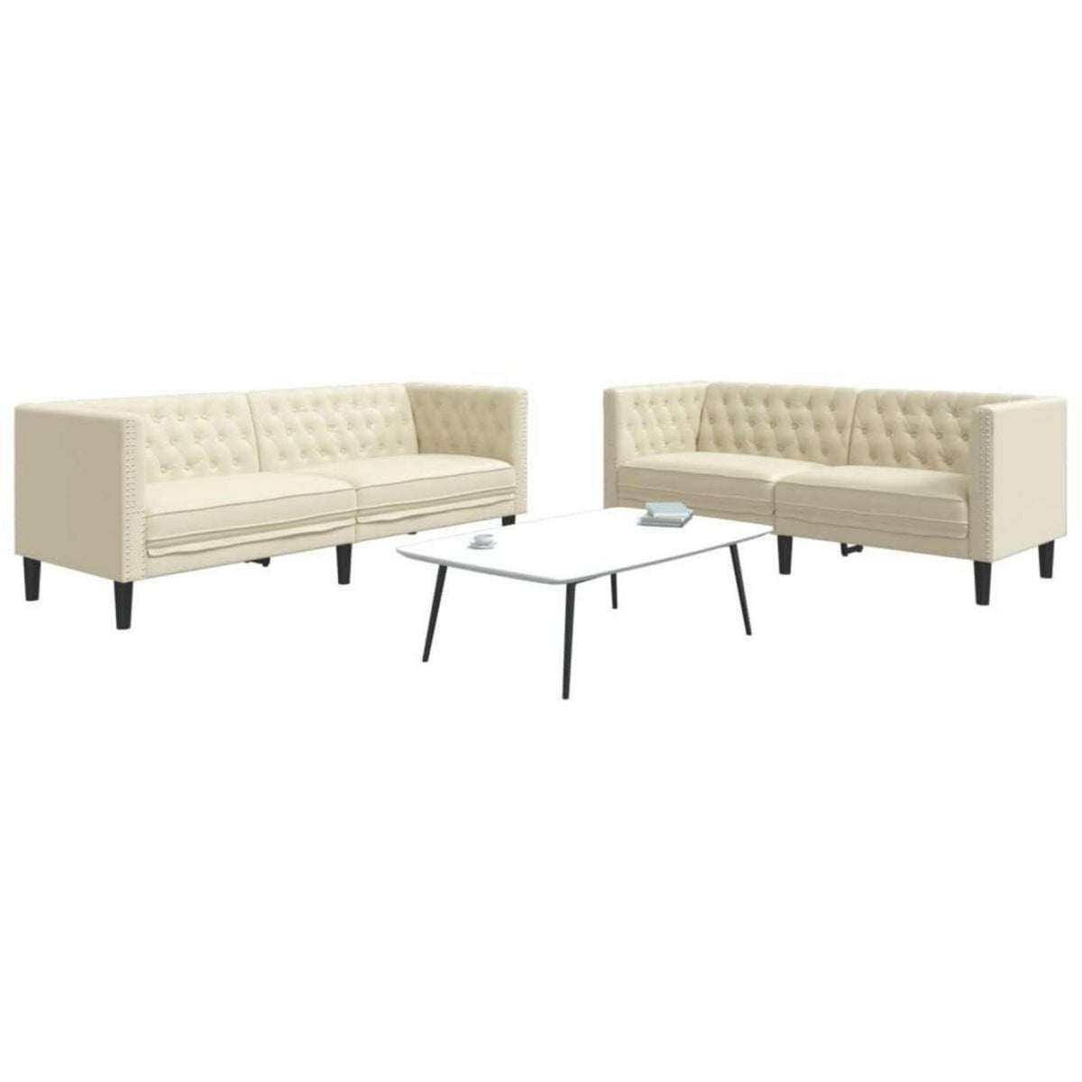 Chesterfield Sofa 2-Sitzer + 3-Sitzer Creme Kunstleder