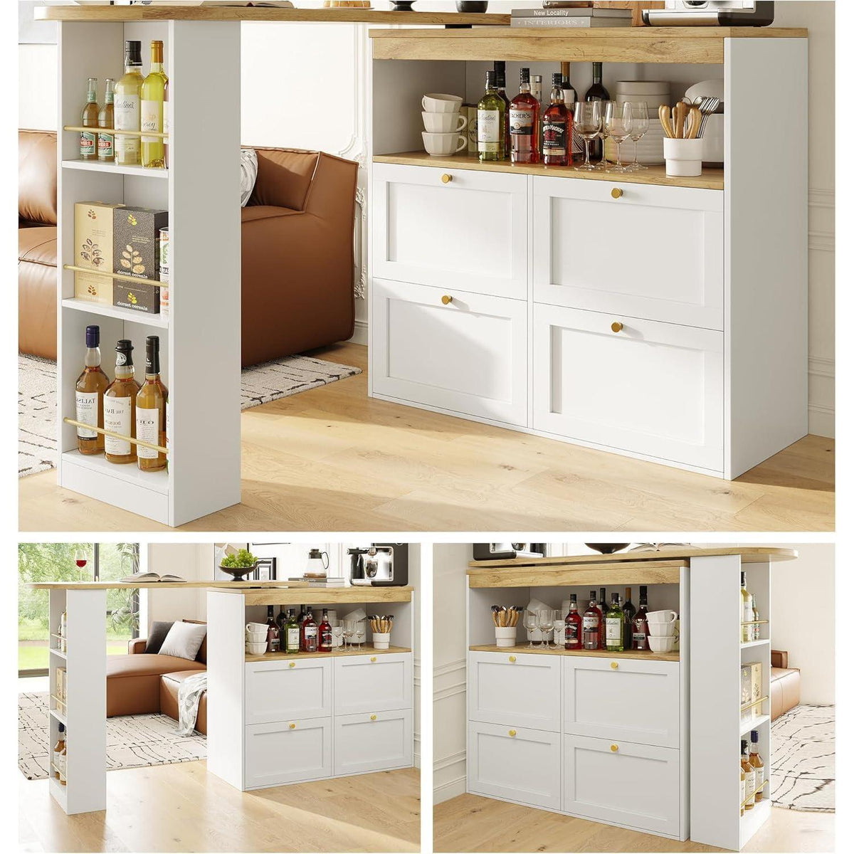 Klappbarer Esstisch mit Stauraum & Schublade – Weiß + Holz 138x104cm