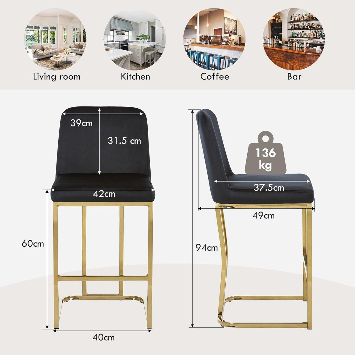 Barhocker 2er Set Samt mit goldenen Beinen