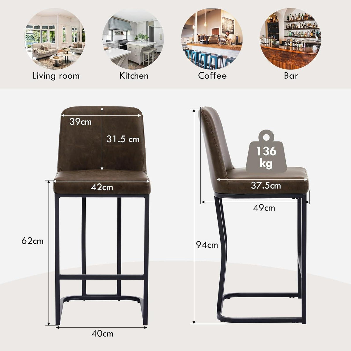 Barhocker 2er Set, Braun – Bequeme Tresenstühle in Lederoptik