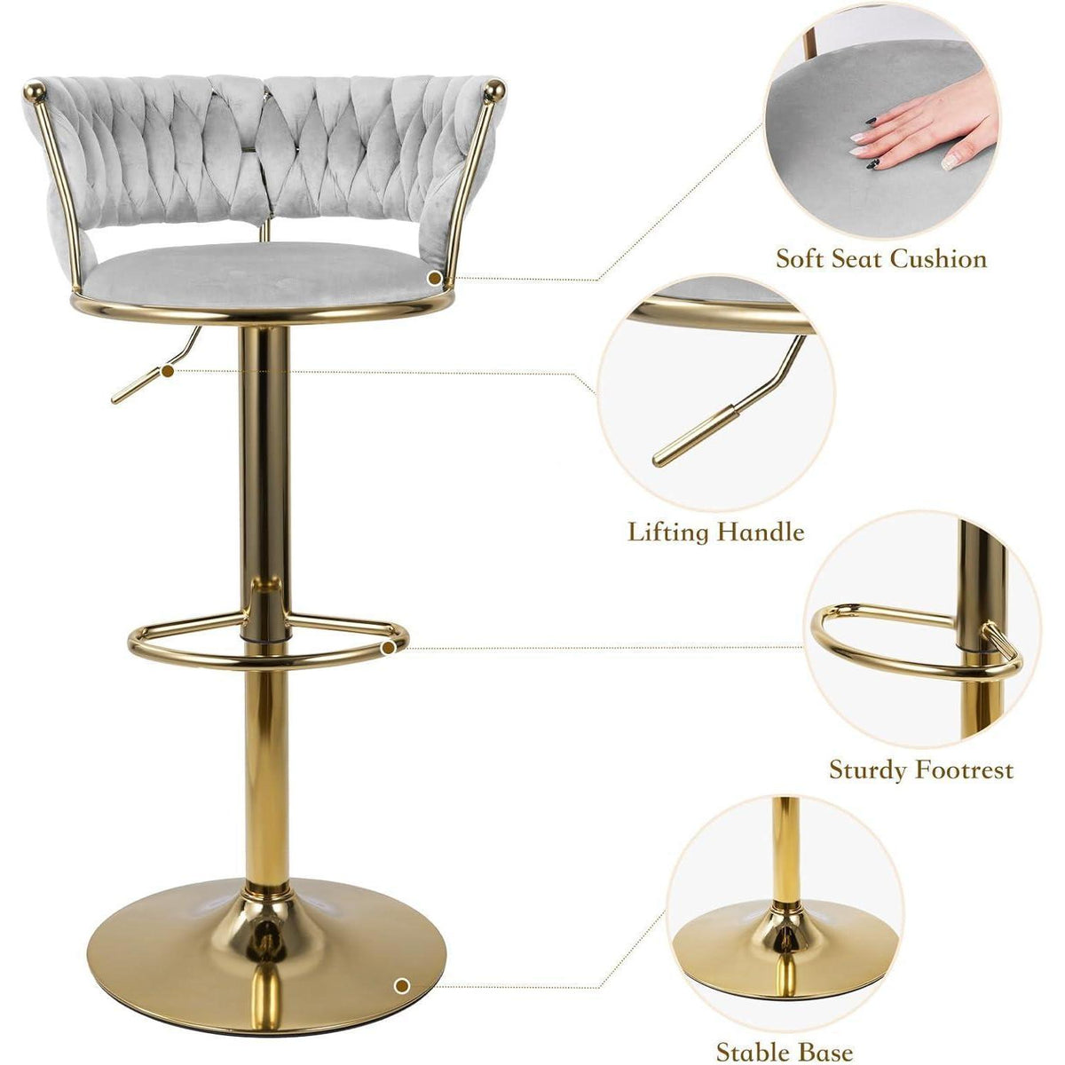 Barhocker Set 4er – Höhenverstellbar, Geflochtene Rückenlehne, Gold/Grau