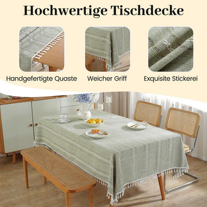 Grüne Baumwoll-Leinen Tischdecke mit Quasten | Rechteckig 140x180cm
