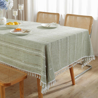 Grüne Baumwoll-Leinen Tischdecke mit Quasten | Rechteckig 140x180cm