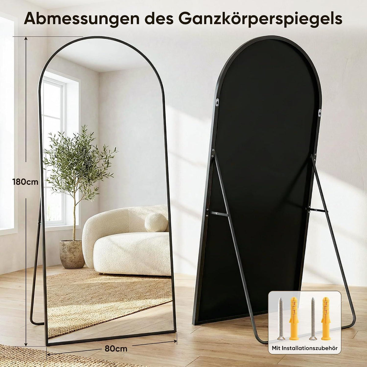 Ganzkörperspiegel gebogen, 180x82cm, Standspiegel Schwarz