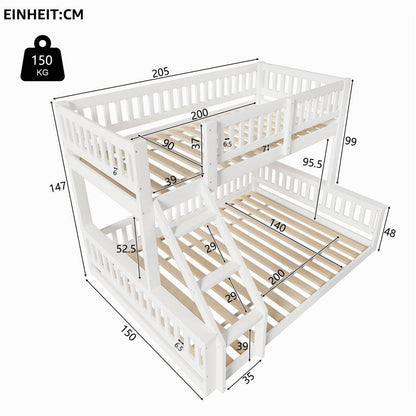 Oxtao Etagenbett 140x200 cm Hochbett mit Leiter und Rausfallschutz für 3 Kinder, Weiß, ohne Matratze