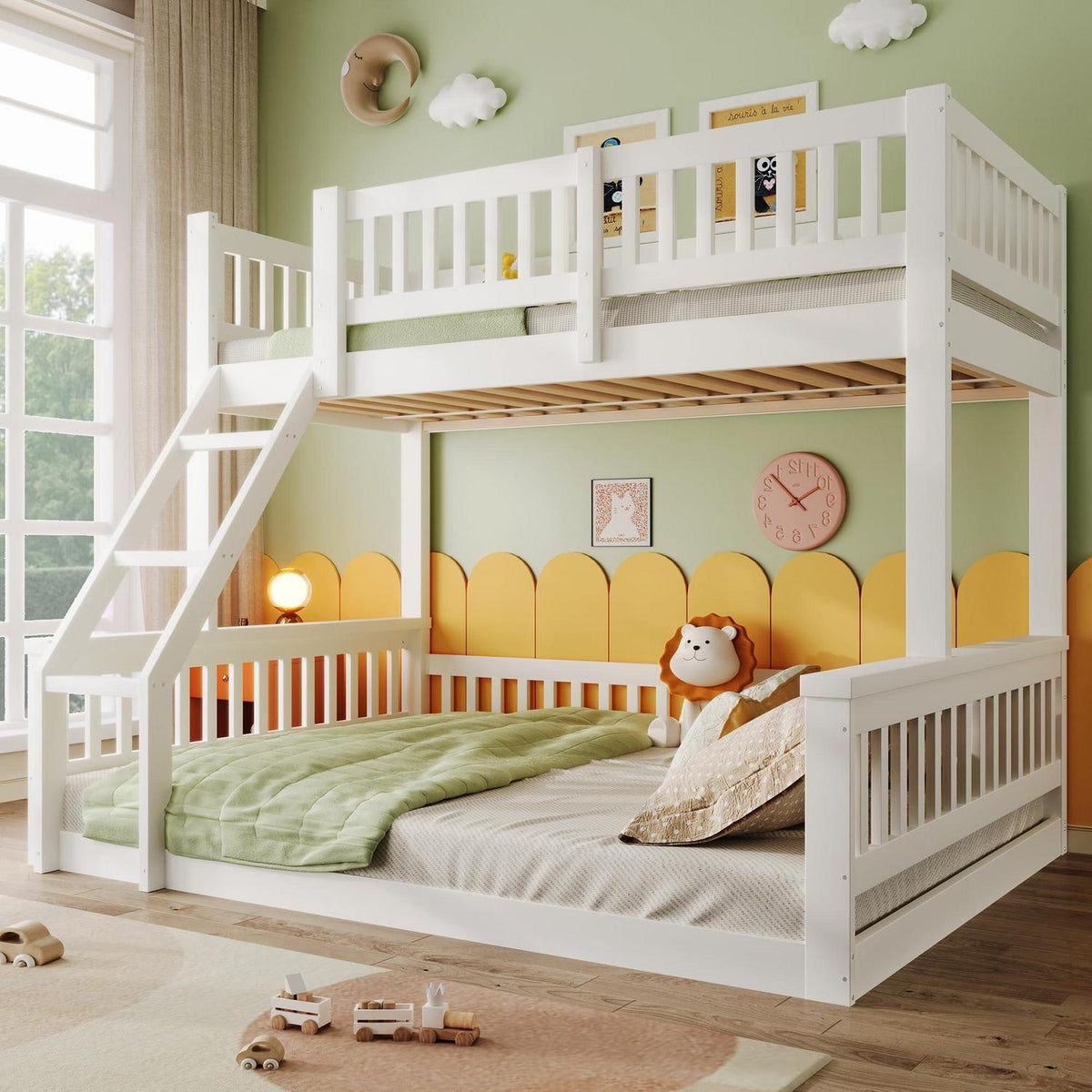 Oxtao Etagenbett 140x200 cm Hochbett mit Leiter und Rausfallschutz für 3 Kinder, Weiß, ohne Matratze