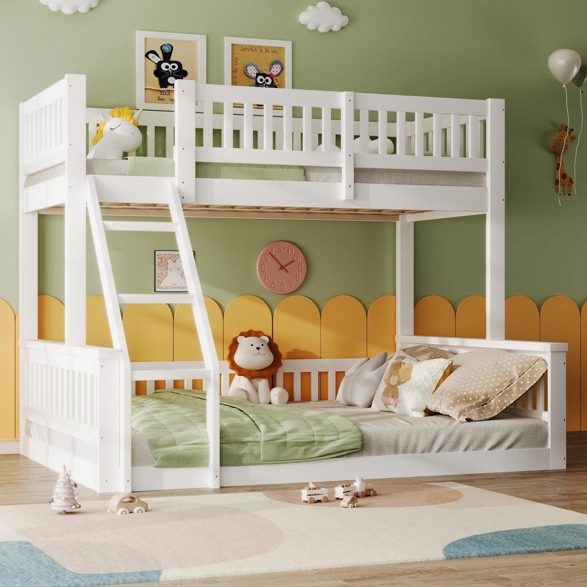 Oxtao Etagenbett 140x200 cm Hochbett mit Leiter und Rausfallschutz für 3 Kinder, Weiß, ohne Matratze