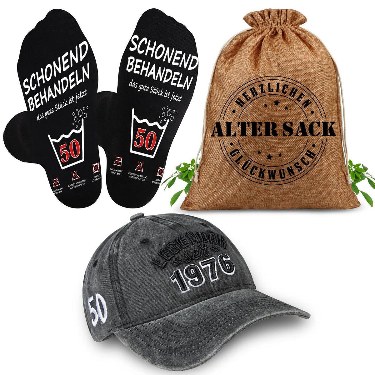 Geschenkset 50. Geburtstag Männer: Sack, Cap & Socken