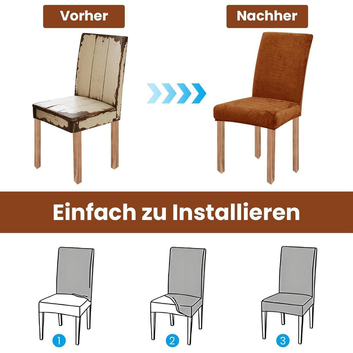 Samt Stuhlhussen 4er Set – Orange, Stretch & Waschbar