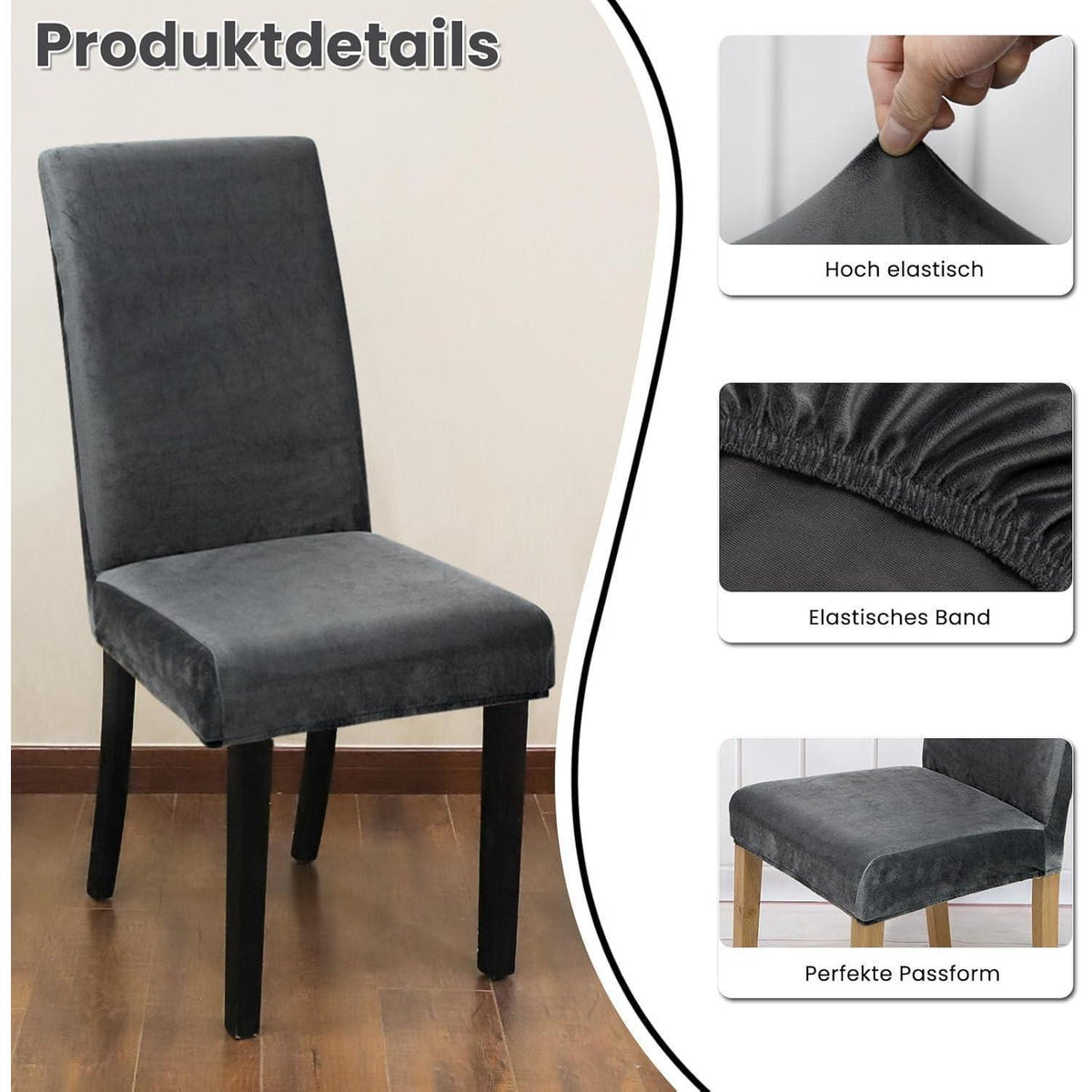 Samt Stuhlhussen 4er Set - Dunkelgrau, Stretch & Waschbar