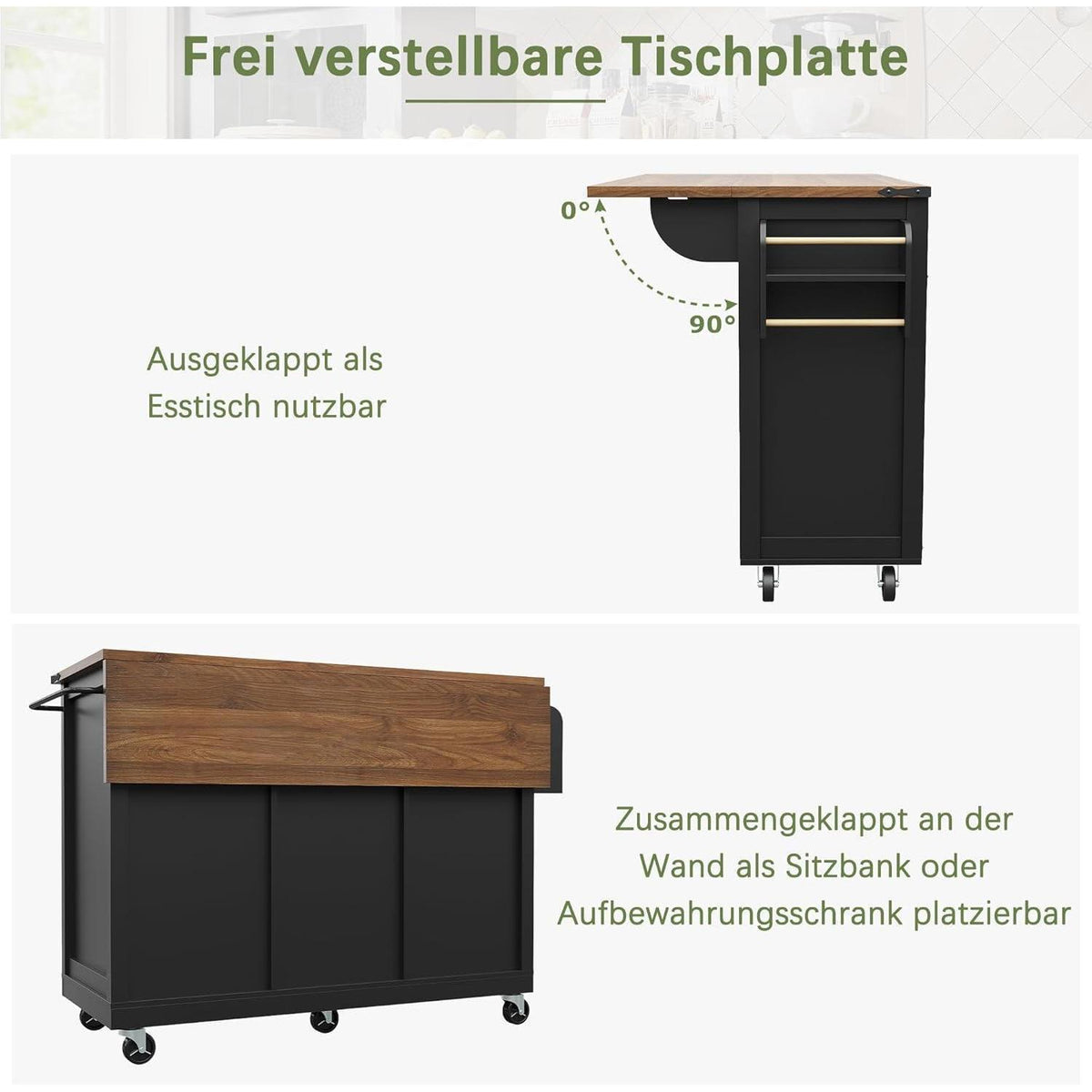 Kücheninsel mit ausziehbarer Arbeitsplatte & Stauraum Schwarz
