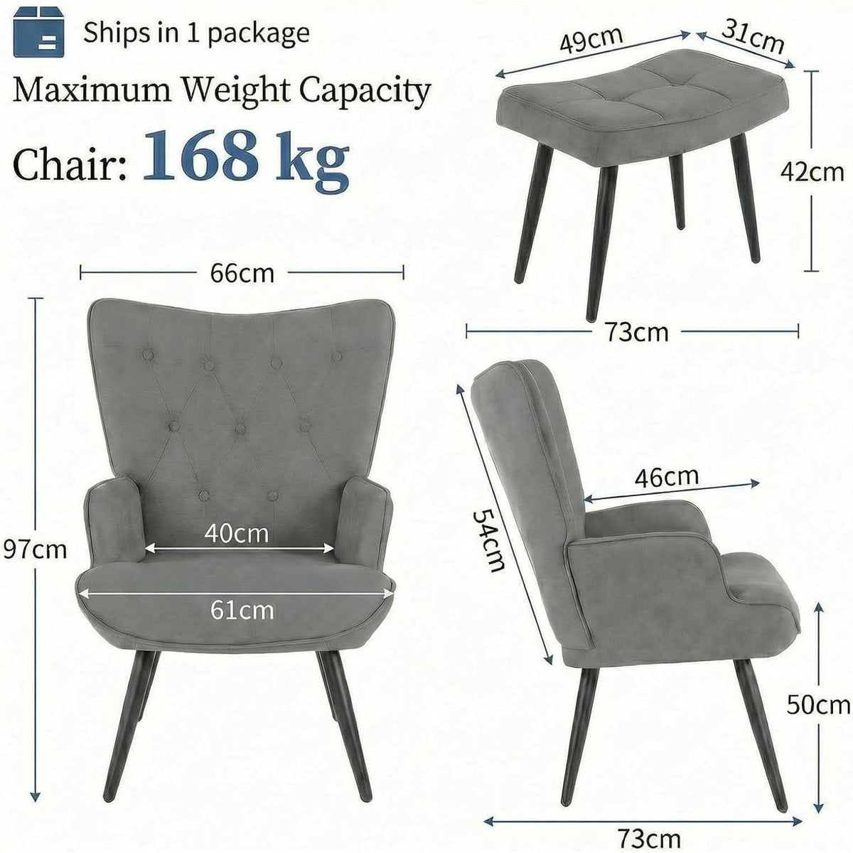 Gemütlicher Ohrensessel mit Hocker – Grau, Chenille & Ablagetasche