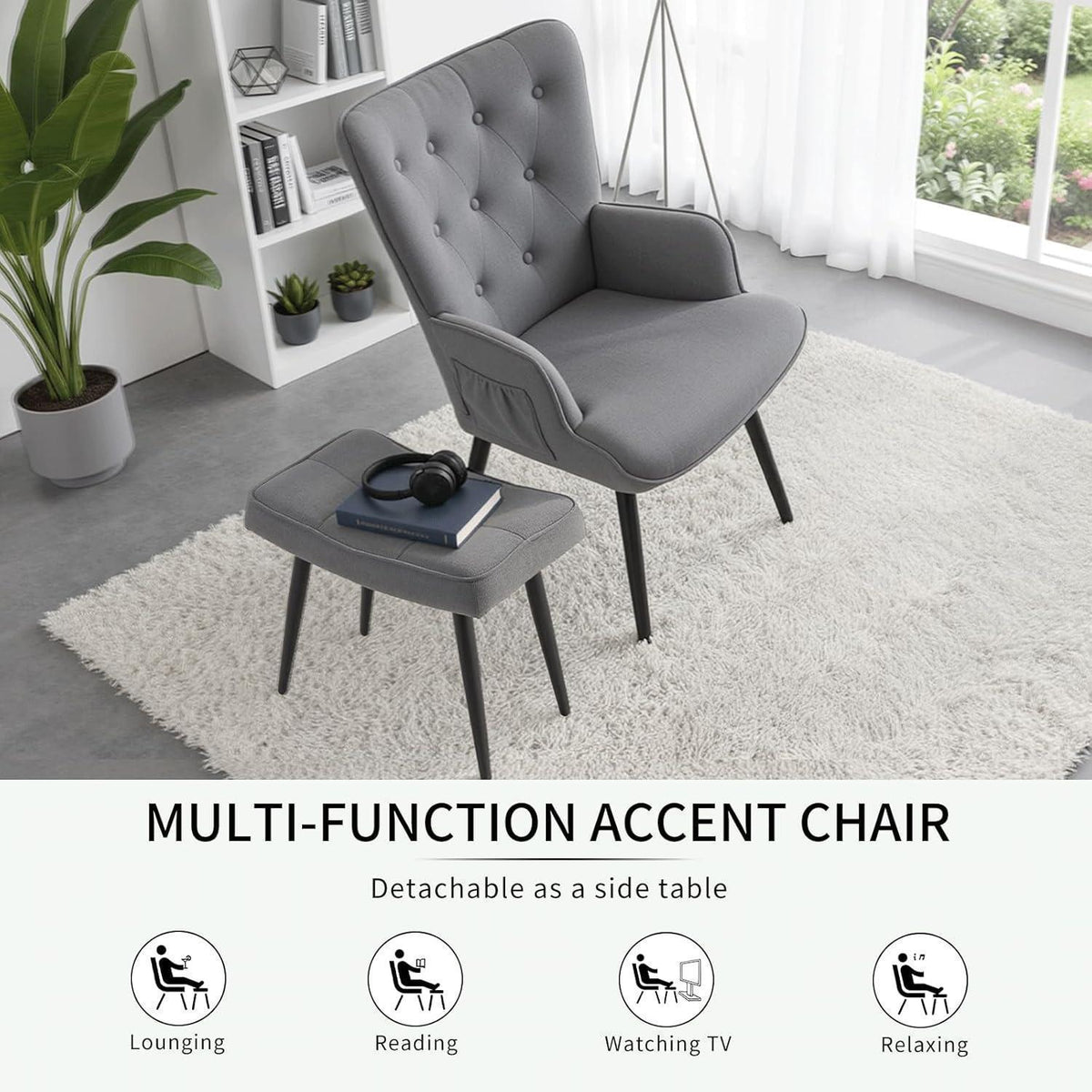Gemütlicher Ohrensessel mit Hocker – Grau, Chenille & Ablagetasche
