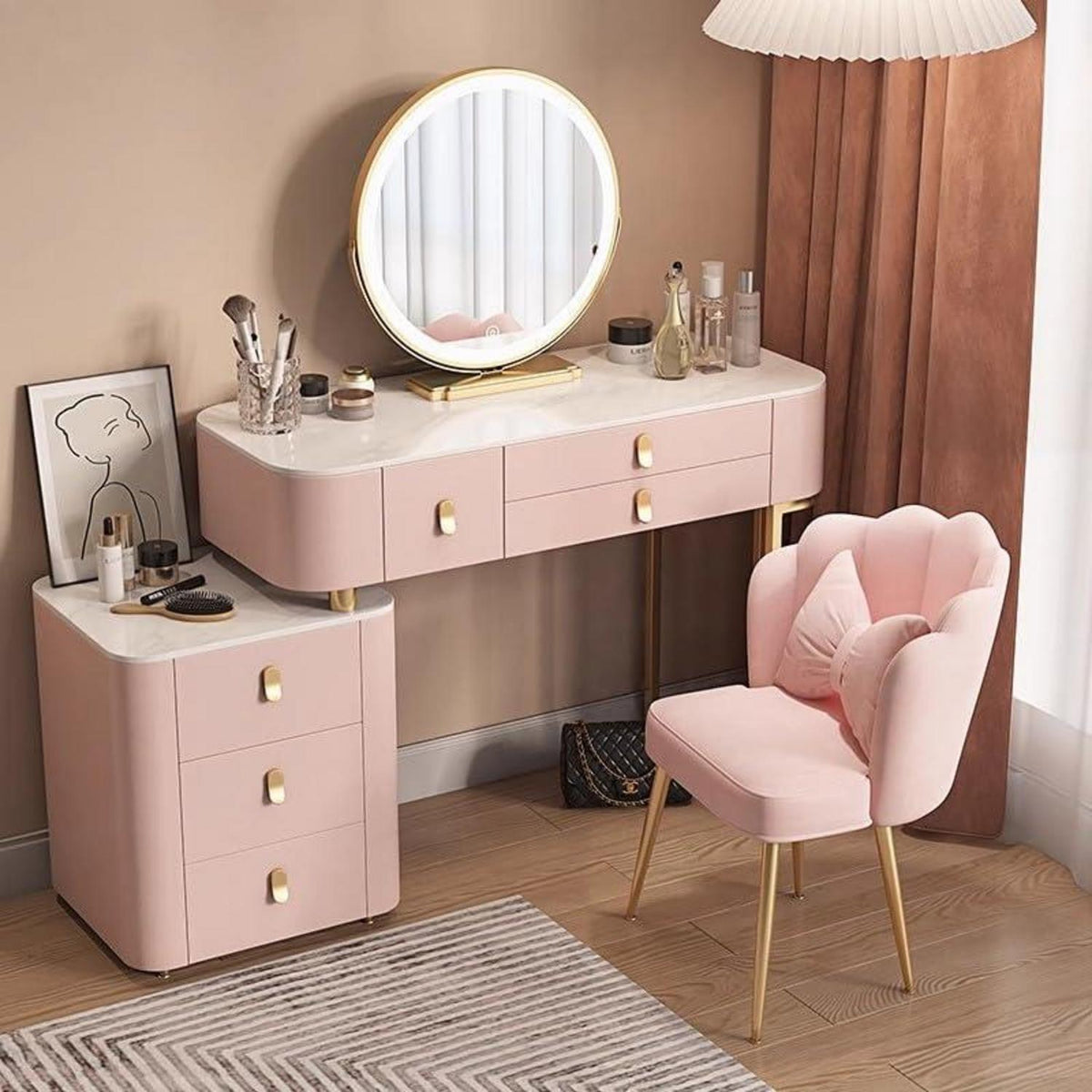 Rosa Schminktisch Set mit Spiegel & Stuhl – 100cm