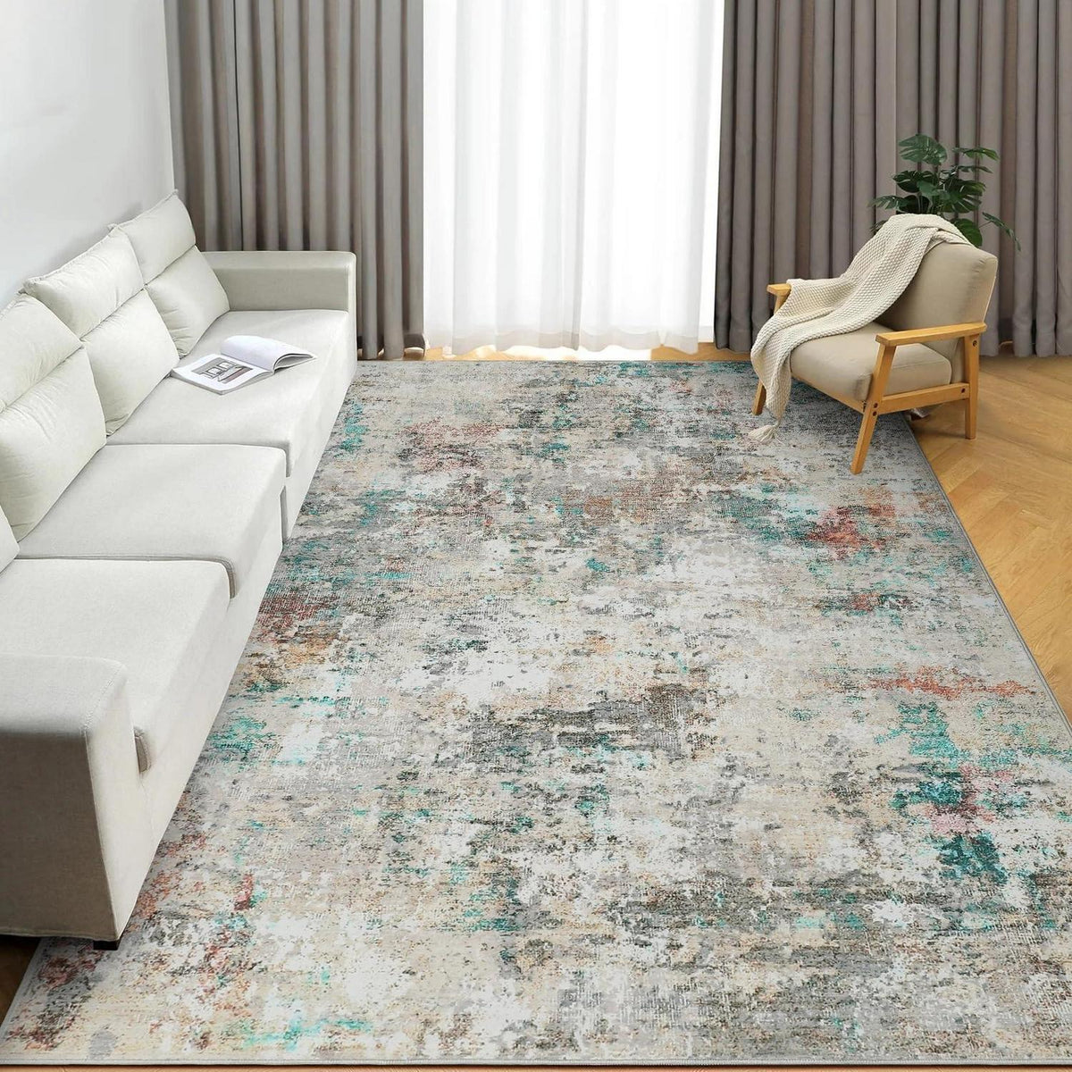Abstrakter Teppich Wohnzimmer 160x230 cm, Kurzflor, Bunt & Waschbar