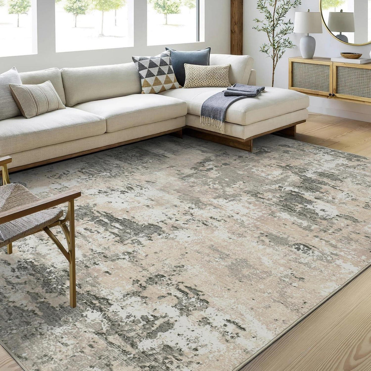 Abstrakter Teppich Wohnzimmer 160x230 cm Gelb | Kurzflor, Waschbar & Rutschfest