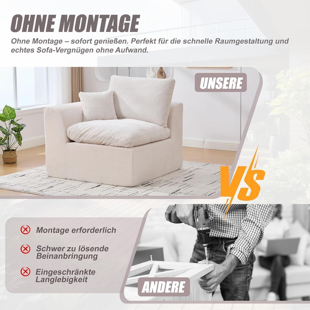 Compressed Cordstoff Sofa – Einzelsitzer & Zweisitzer für kleine Räume
