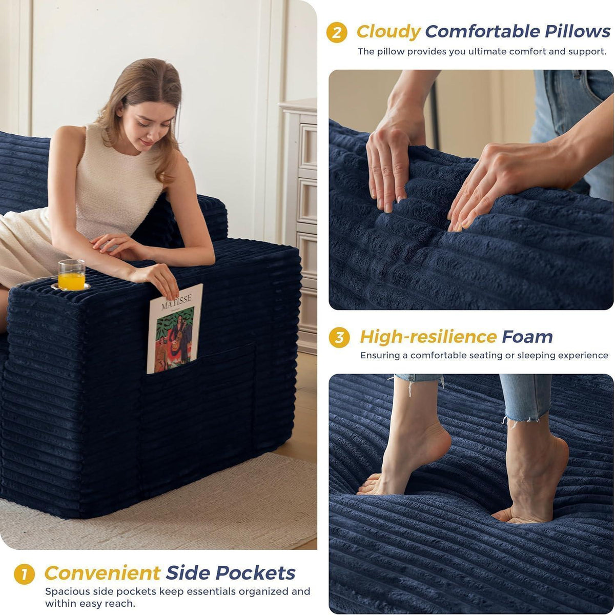 Modulares Sofa mit Chaiselongue – Cloud Komfort, Dunkelblau