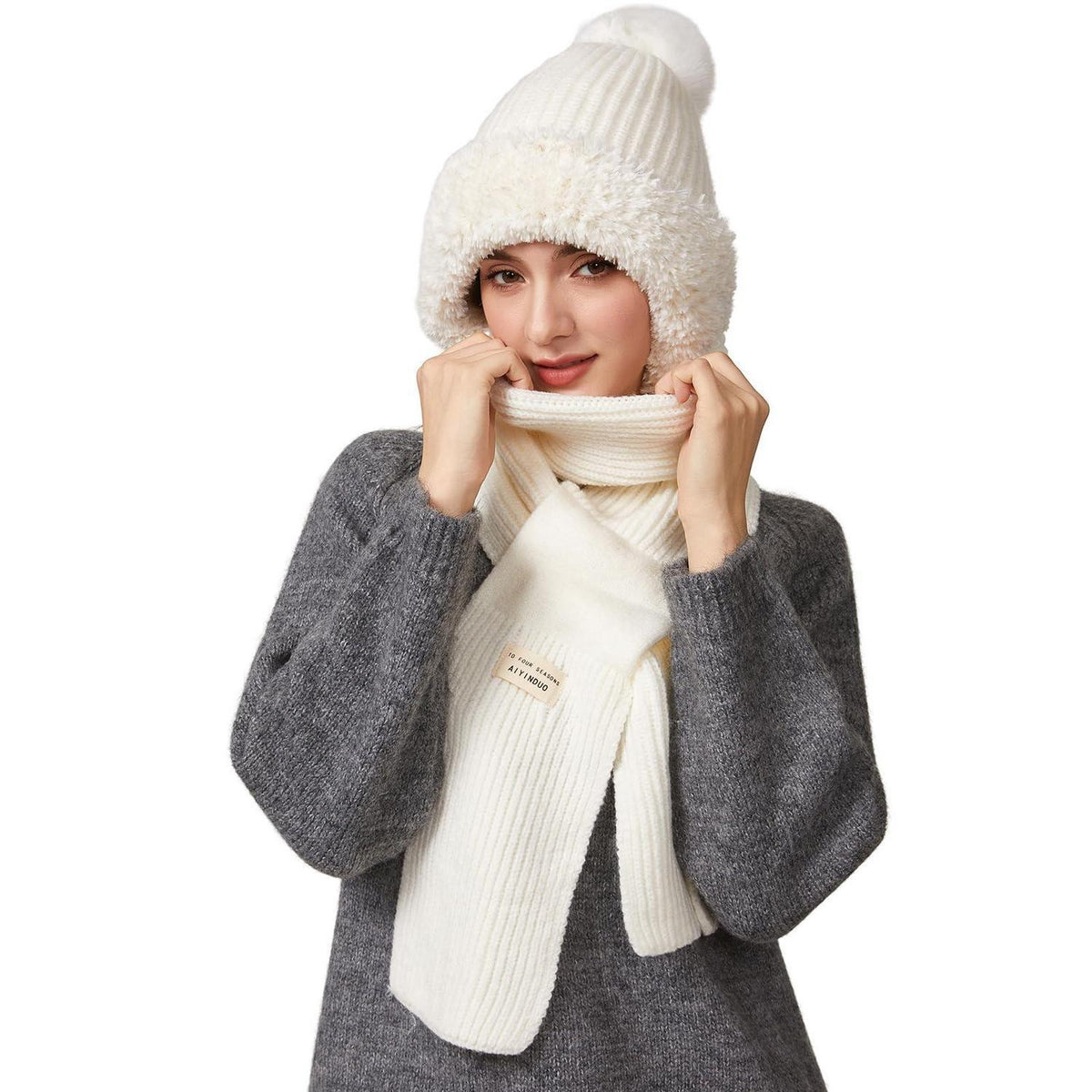 Thermo Wintermütze Damen 3in1 mit Halswärmer & Bommel