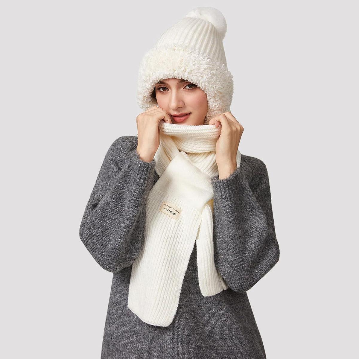 Thermo Wintermütze Damen 3in1 mit Halswärmer & Bommel