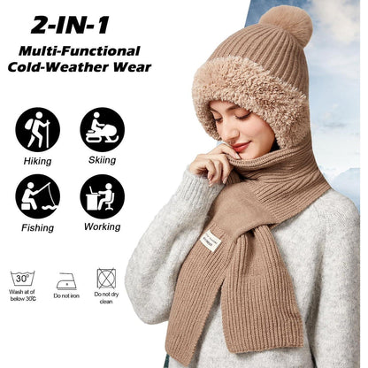 Thermo Wintermütze Damen 3in1 mit Halswärmer & Bommel