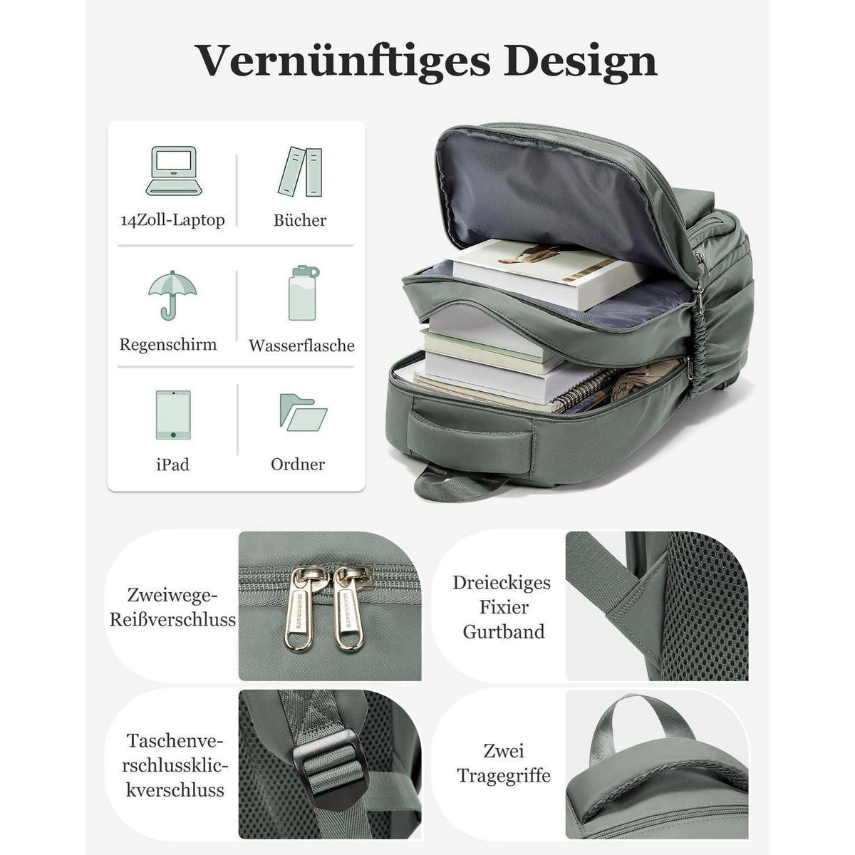Grün A2-Grün Rucksack Schule Herren Damen – Leichter Schulrucksack 30L