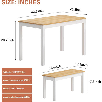 Massivholz Esstisch mit 2 Bänken | Esszimmer-Set Kiefer Teak/Weiß