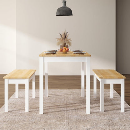 Massivholz Esstisch mit 2 Bänken | Esszimmer-Set Kiefer Teak/Weiß