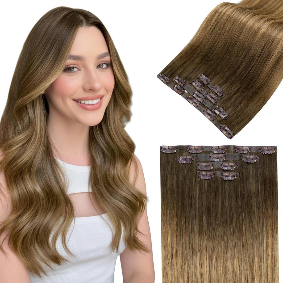 Echthaar Clip-in Extensions Braun Balayage 55cm