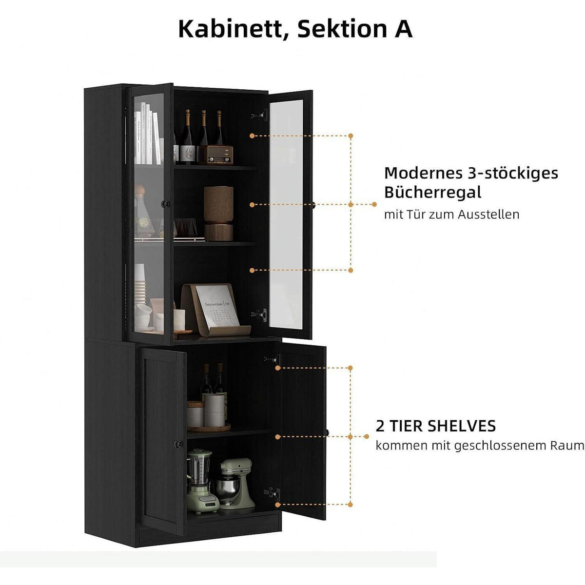 5-stöckiges Bücherregal mit Glastüren – 180cm Vitrine
