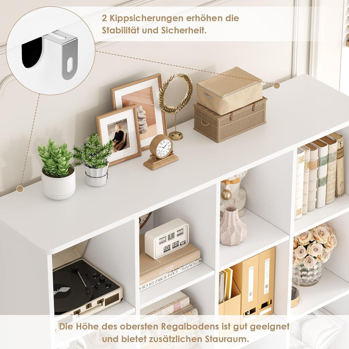 Bücherregal mit Türen & 12 Fächern | Weißes Holzregal für Wohnzimmer