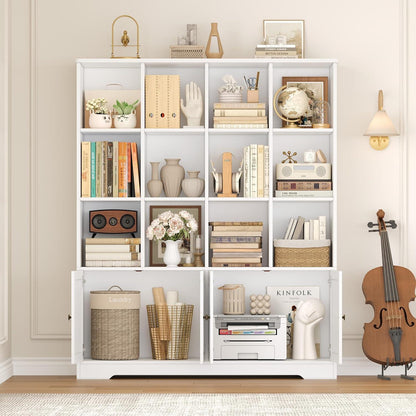 Bücherregal mit Türen & 12 Fächern | Weißes Holzregal für Wohnzimmer