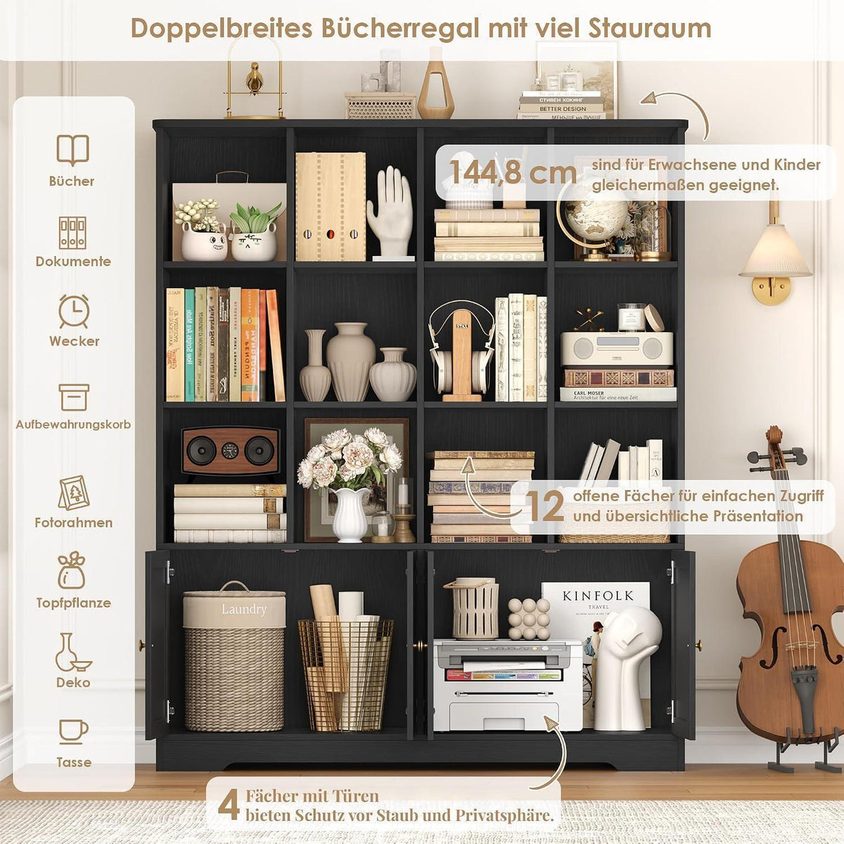 Bücherregal mit Türen & 12 Fächern – Hochschrank Holz Schwarz