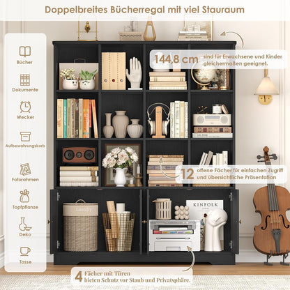 Bücherregal mit Türen & 12 Fächern – Hochschrank Holz Schwarz