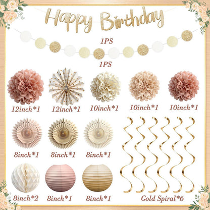 Boho Geburtstagsdeko Set Beige Rosa – Party Deko für Frauen