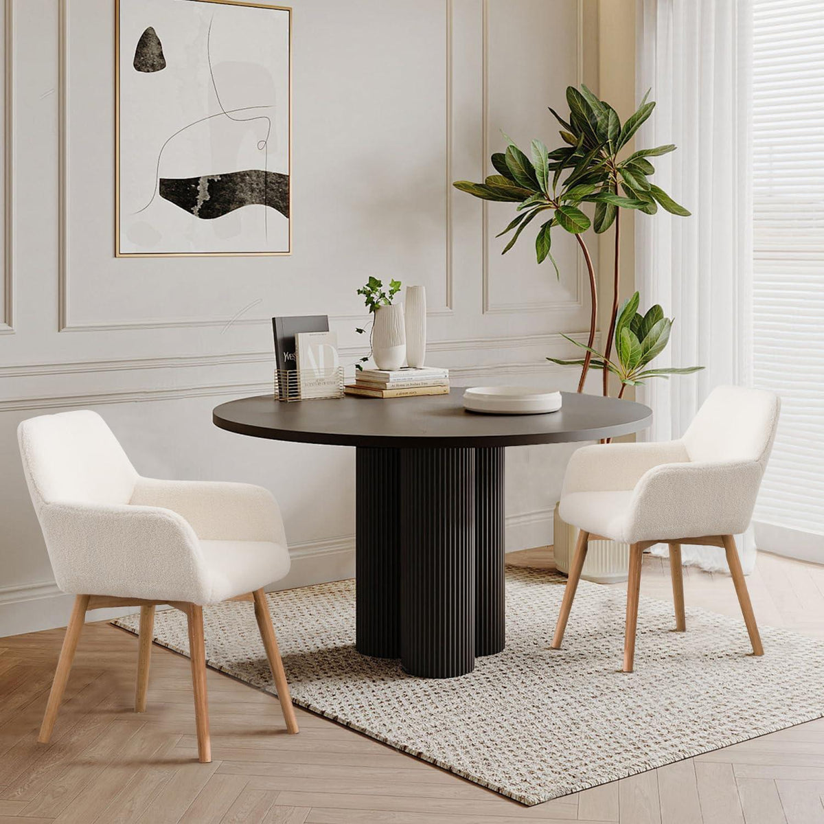 Mid-Century Modern Esszimmerstuhl 2er-Set, Wollweiß