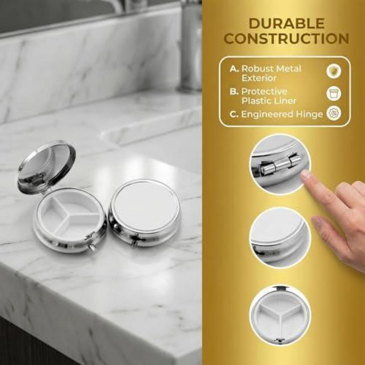 Metall Pillendose 4er-Set mit Fächern – Gold & Silber