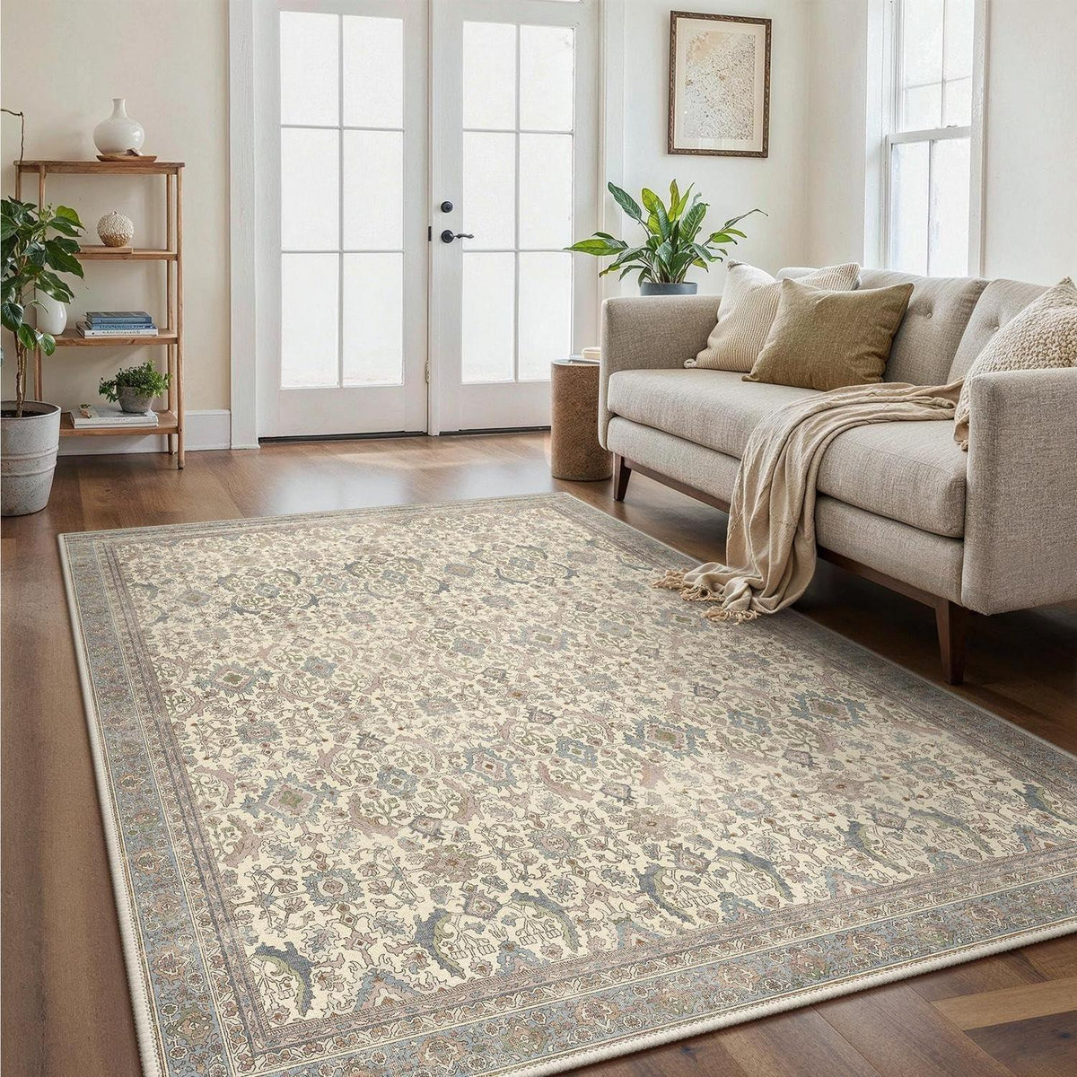 Vintage Teppich Wohnzimmer 200x290 cm – Beige Kurzflor Teppich