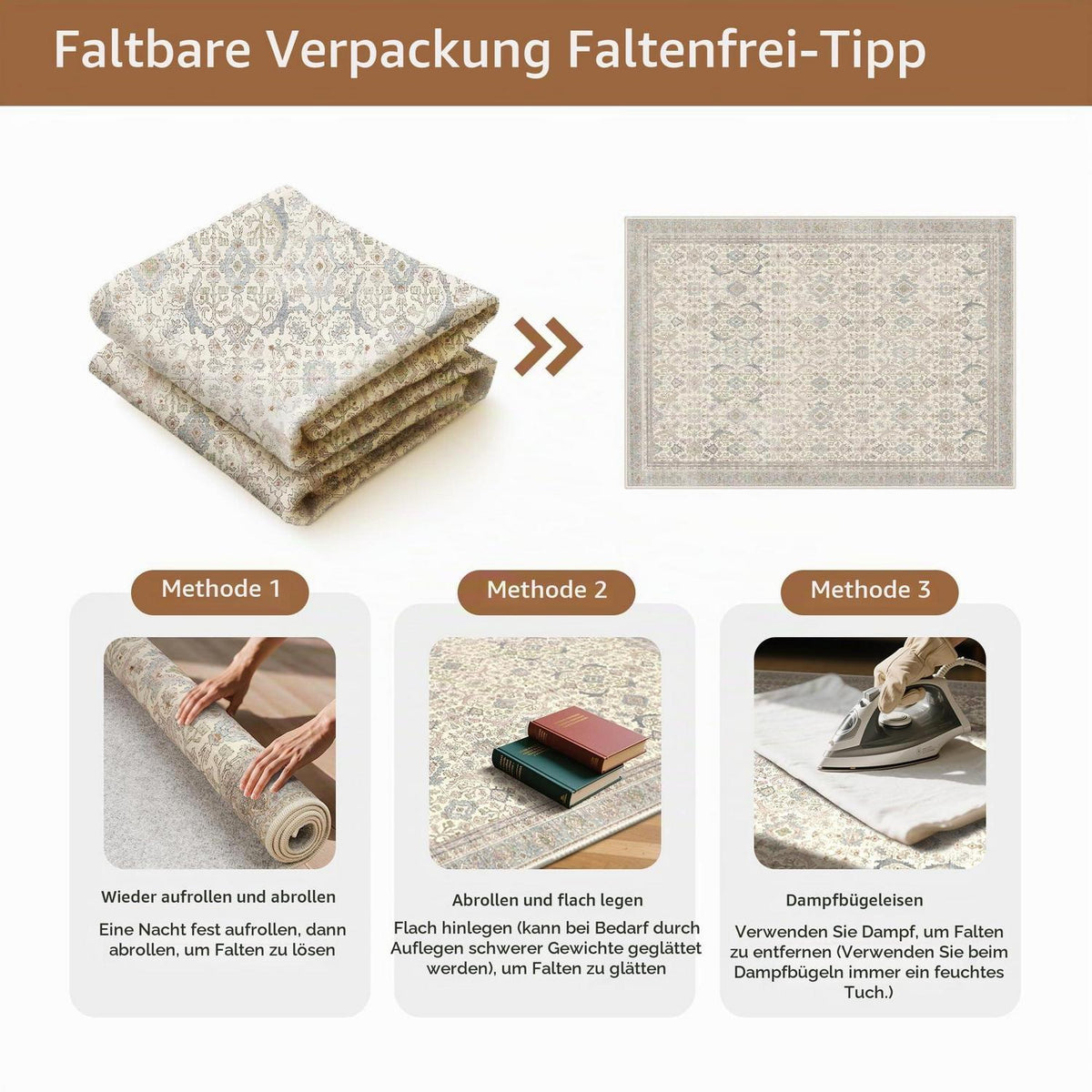 Vintage Teppich Wohnzimmer 200x290 cm – Beige Kurzflor Teppich