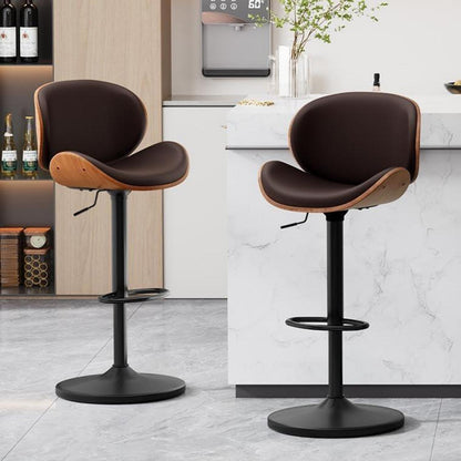 Barhocker Set 2x Höhenverstellbar, Holz Braun in Lederoptik