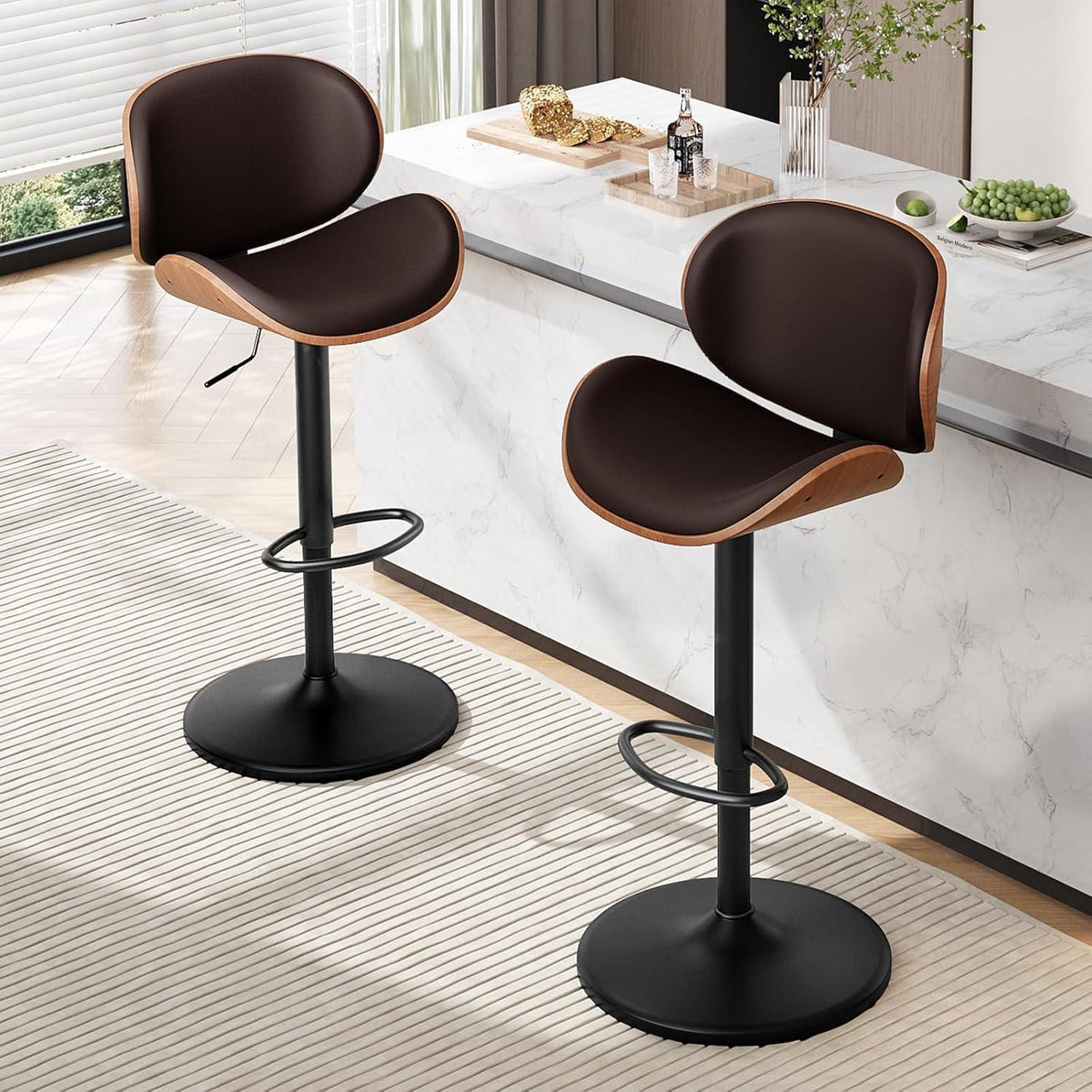 Barhocker Set 2x Höhenverstellbar, Holz Braun in Lederoptik