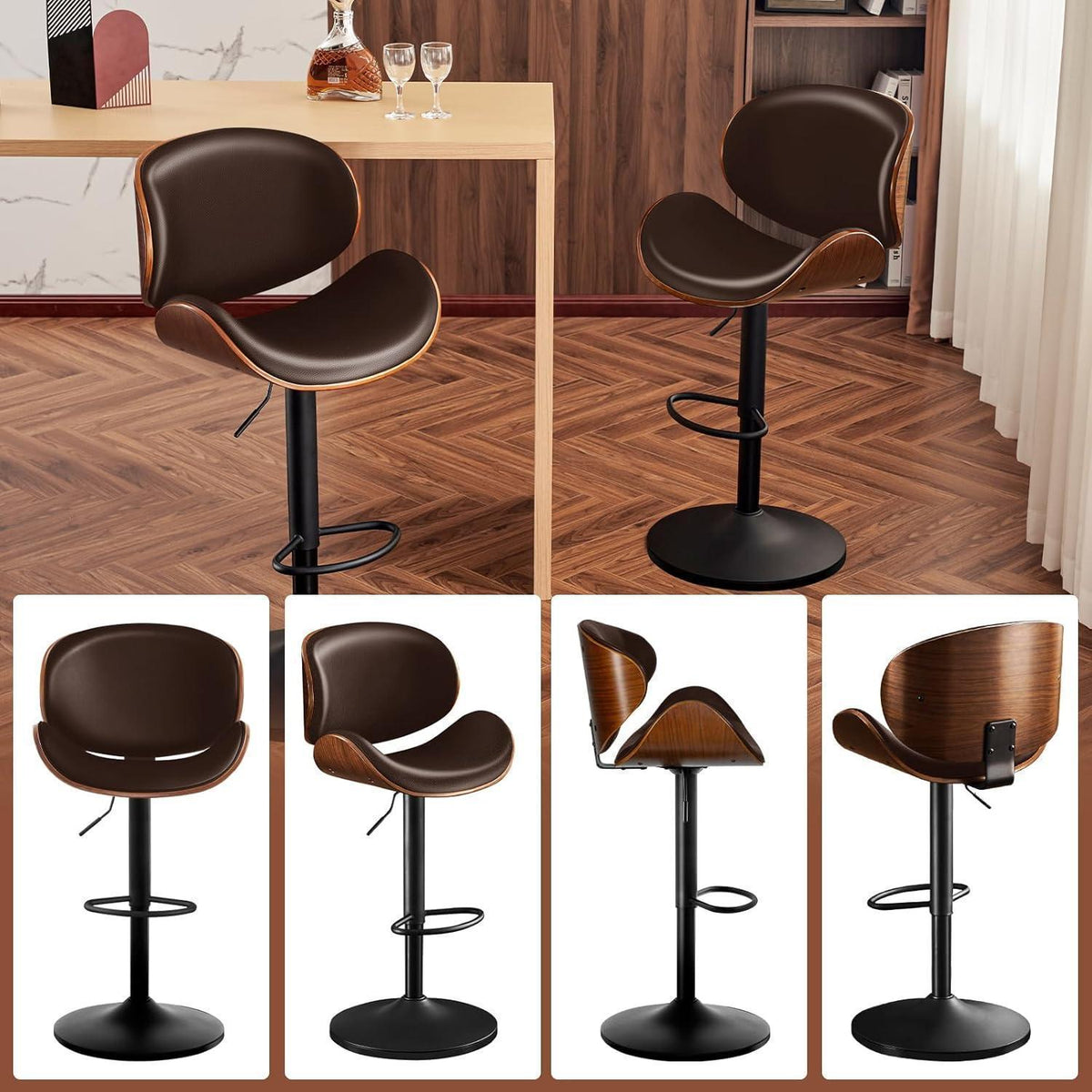 Barhocker Set 2x Höhenverstellbar, Holz Braun in Lederoptik
