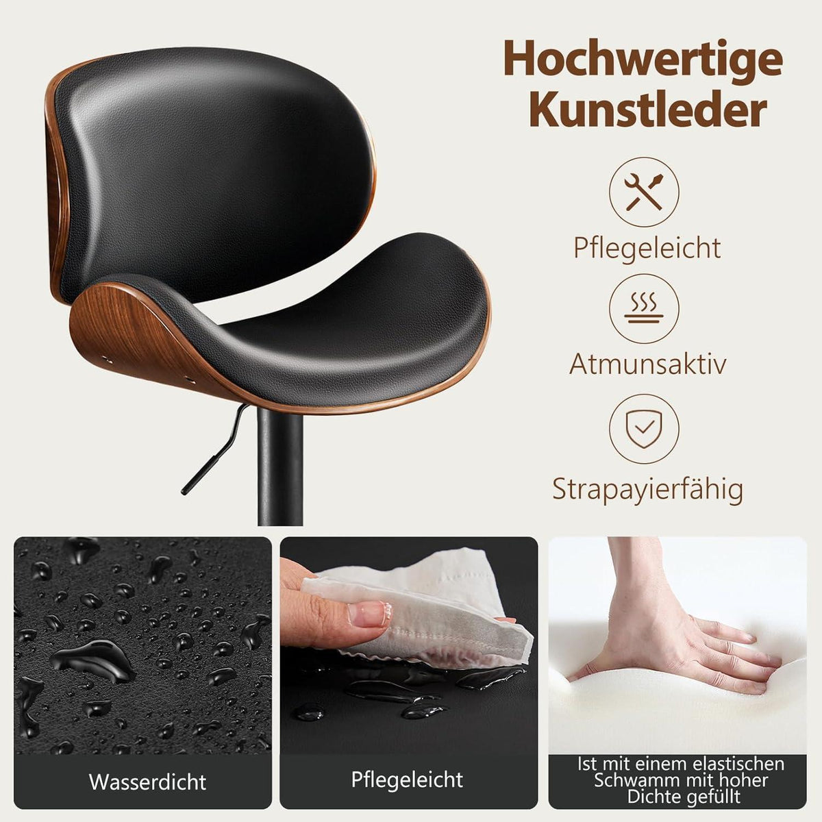 Barhocker Set 4er – Höhenverstellbar, Holz, Schwarz in Lederoptik