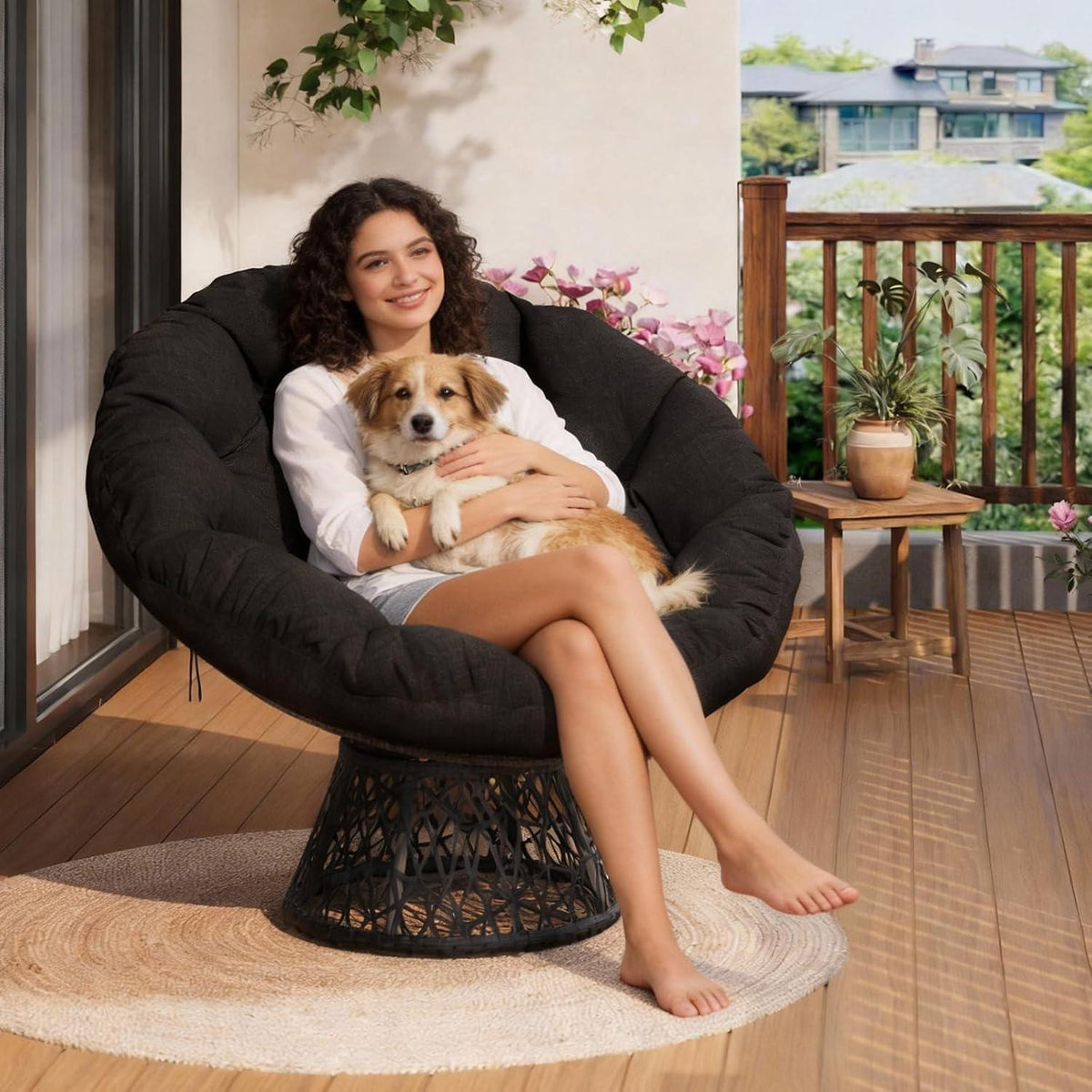 Ergonomischer Papasan Sessel Grau mit Kissen & 360° Drehung