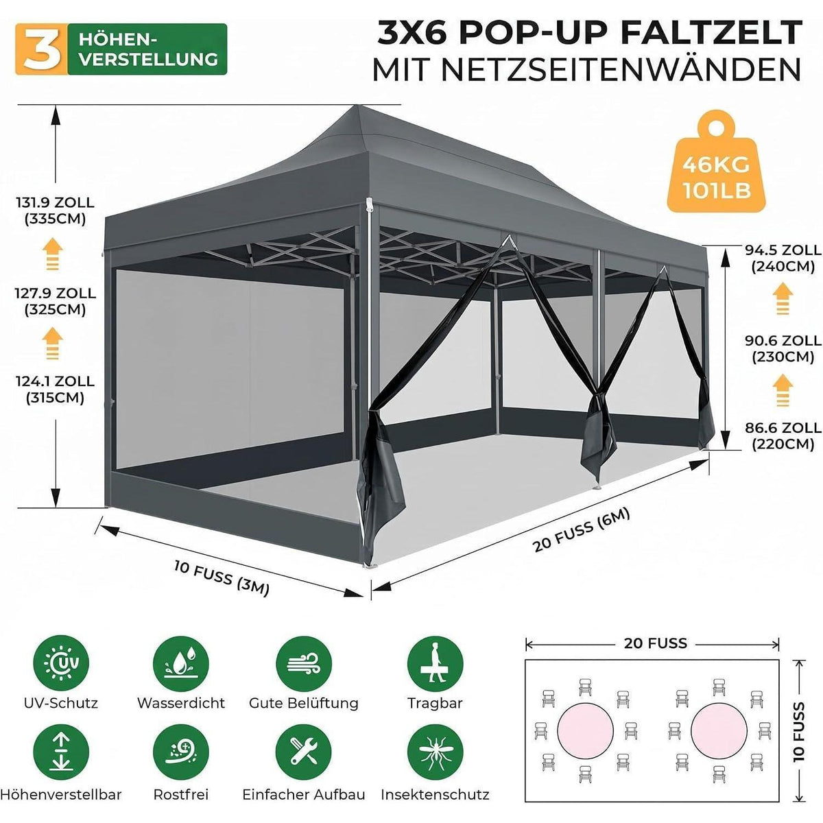 Faltpavillon 3x6m – Wasserdicht, Stabil & Mit Seitenwänden