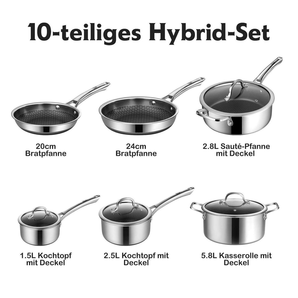 10-teiliges Edelstahl Topfset mit Antihaftbeschichtung